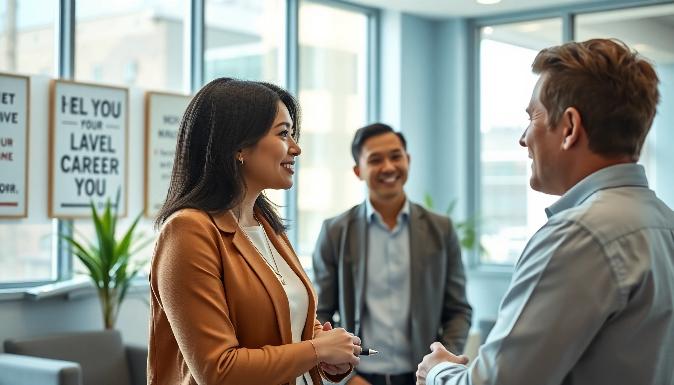 Find my true calling with a career coach guiding an individual in a modern office.