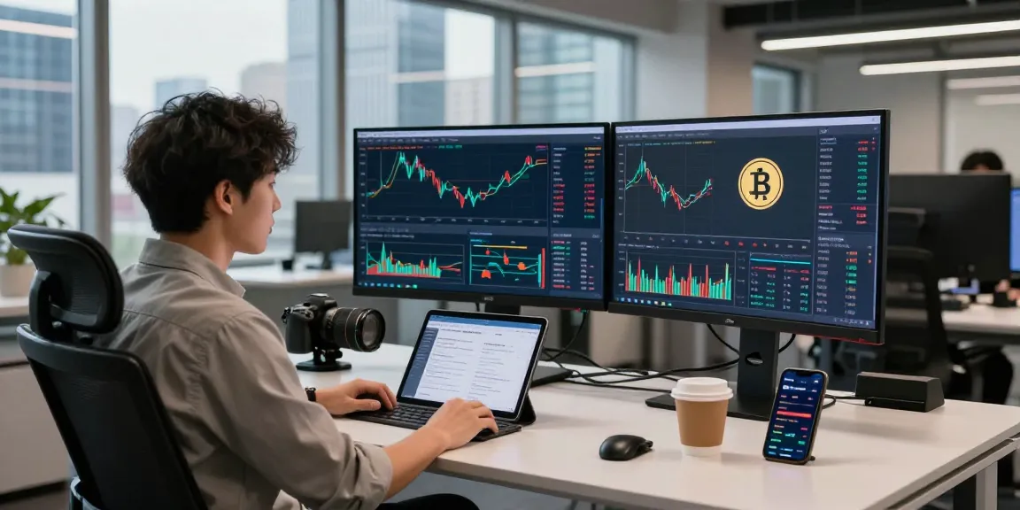 AiCoin 平台上的专业交易员在现代化办公空间中监控动态市场数据和图表。