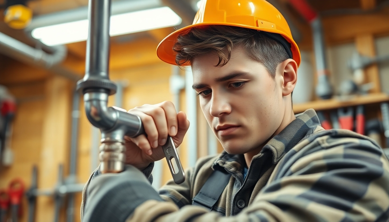 Plumbing apprenticeship in action, showcasing a focused apprentice repairing a pipe in a workshop setting.