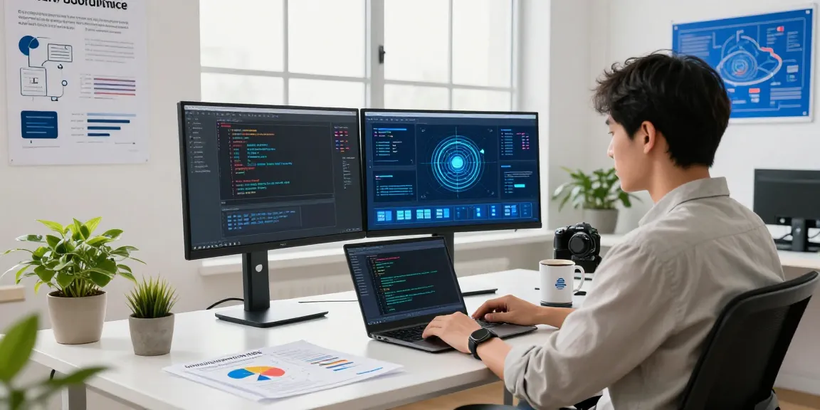 AI detector analysis in a modern tech workspace with dual screens and vibrant design elements.