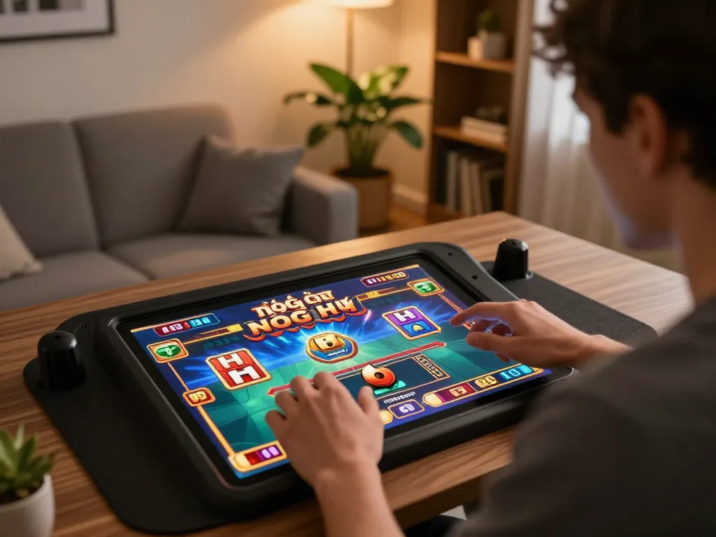 Player enjoying nổ hũ gameplay on a tablet in a cozy home setting.