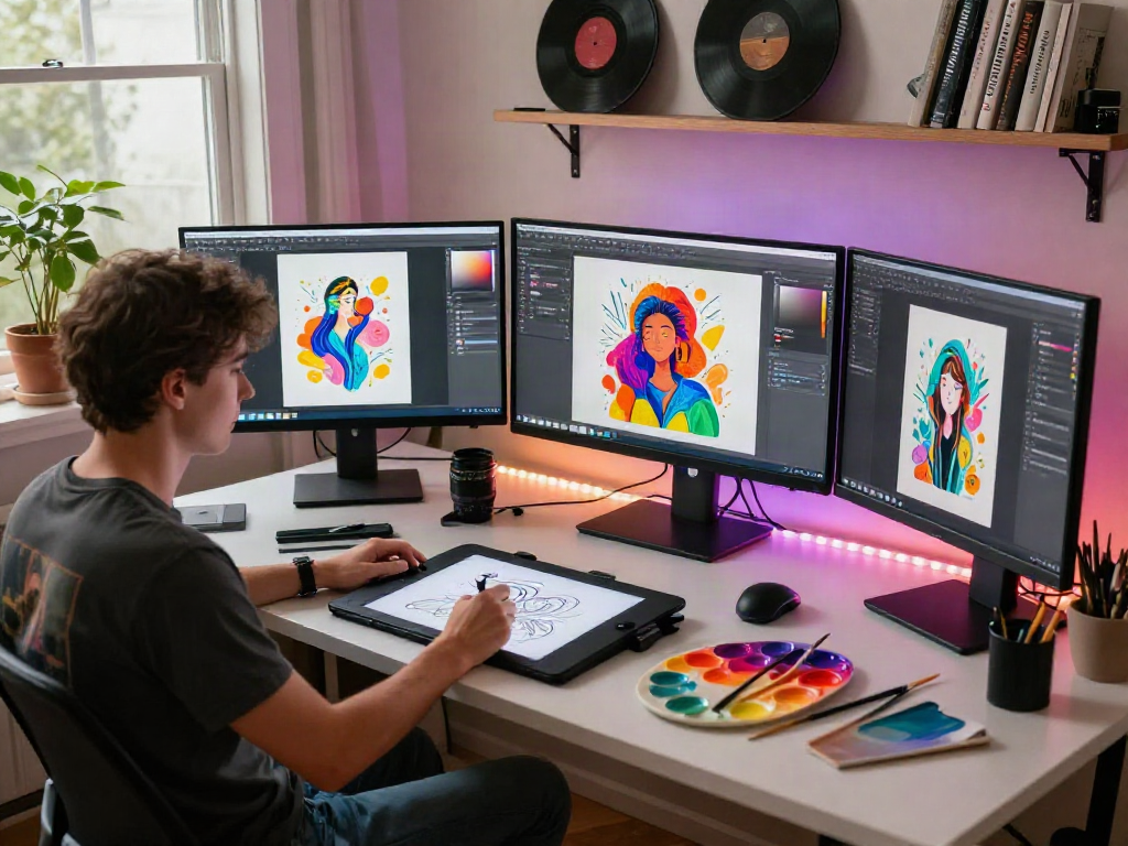 Creative home studio scene with NSFW AI-generated art displayed, artist working on digital illustrations.
