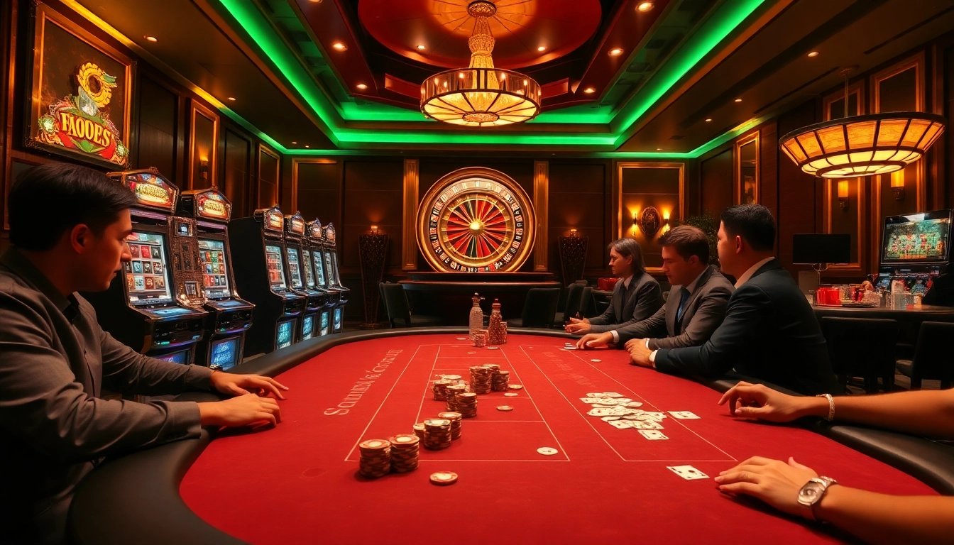 Scène de jeu interactive dans un casino en ligne France avec des joueurs et des éléments de jeu vibrants.