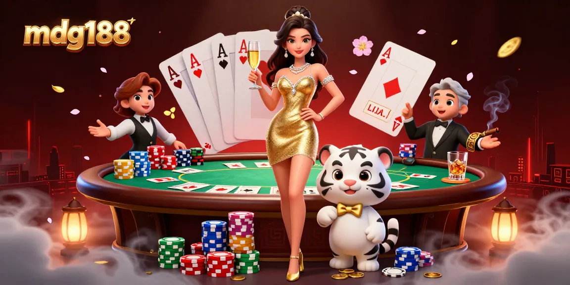 Engage with mdg188's vibrant digital casino scene featuring glamorous characters and exciting game elements.