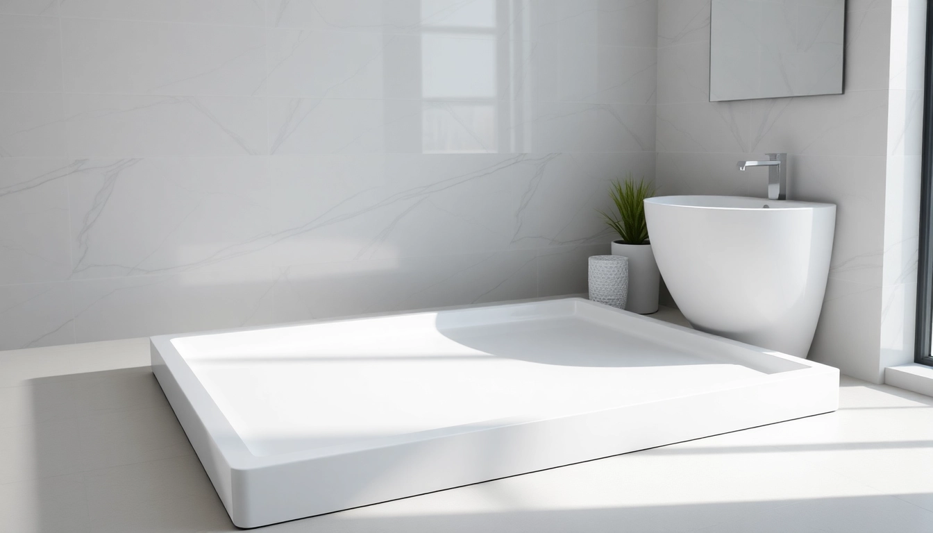 Showcase a modern shower base design in a stylish bathroom setting emphasizing sleek lines and smooth textures.