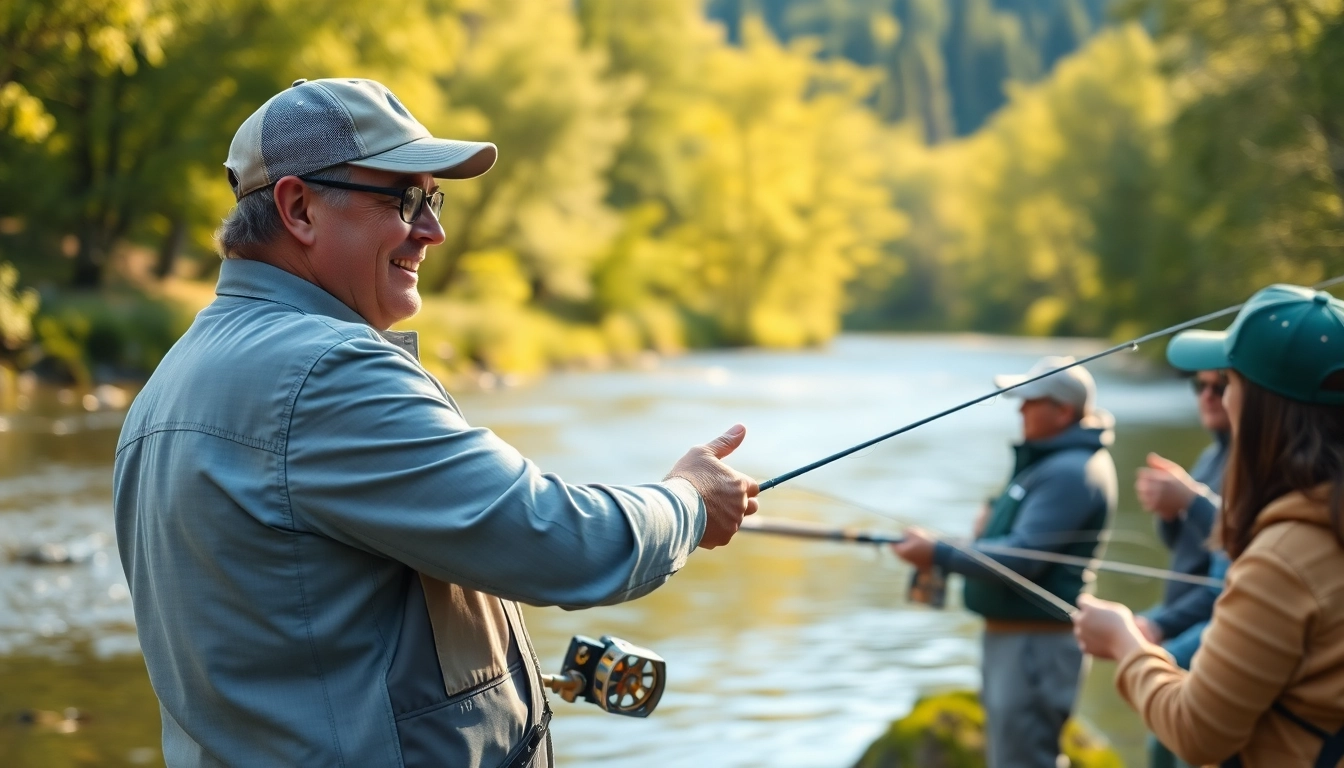 Engaged students participating in fly fishing lessons near me with an experienced instructor guiding them.