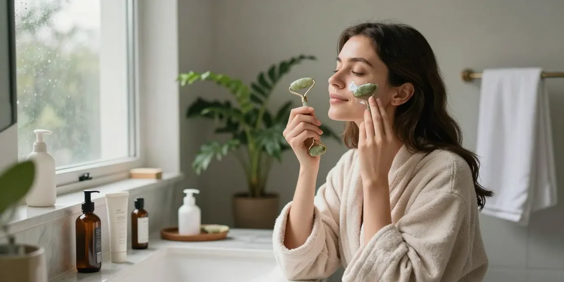 Fată tânără aplicând cremă de îngrijire a pielii în o baie modernă.