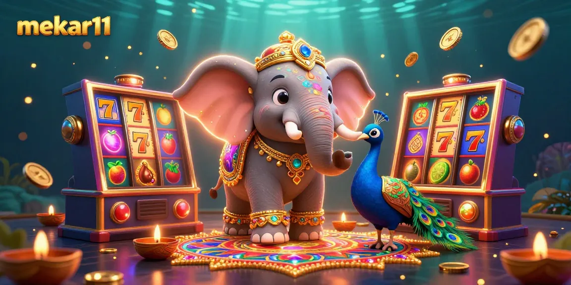 Spin the colorful slot reels of mekar11 with a vibrant Diwali-themed elephant and peacock.