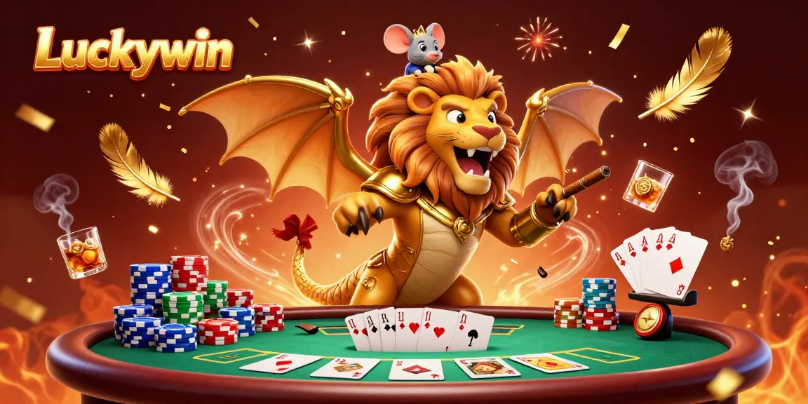 Engage with Luckywin's thrilling casino adventure featuring vibrant 3D characters and poker elements.