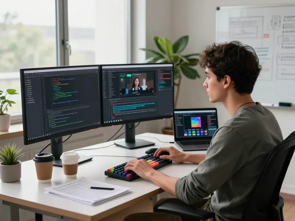 A software developer using the video to promptgenerator tool in a modern workspace surrounded by monitors and tech decor.