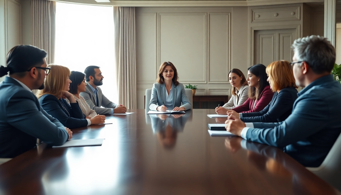 Mediation session with diverse individuals in a conference room, highlighting collaboration and professionalism.