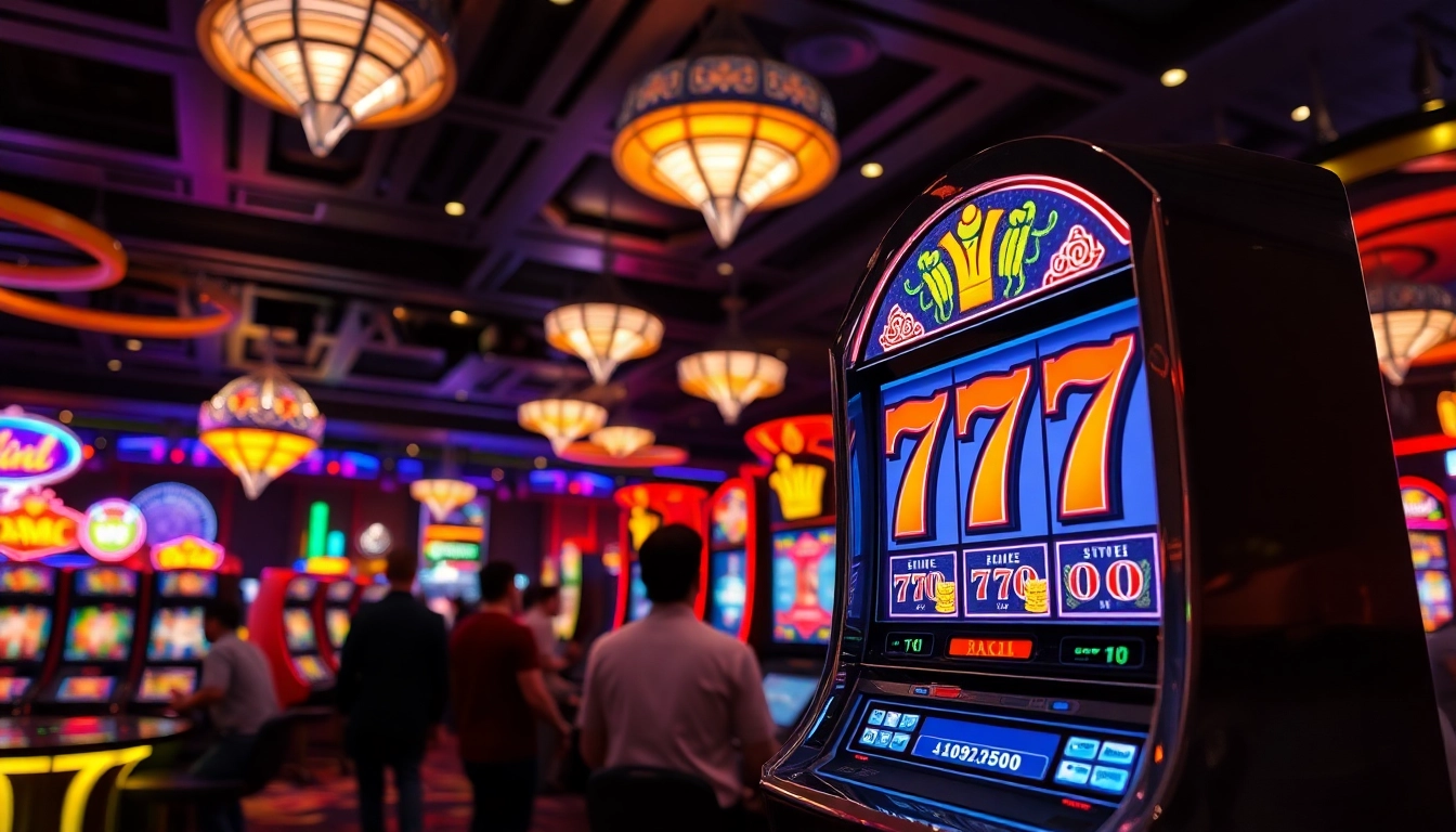 Permainan slot 777 di kasino yang penuh warna dengan pemain yang menikmati permainan.