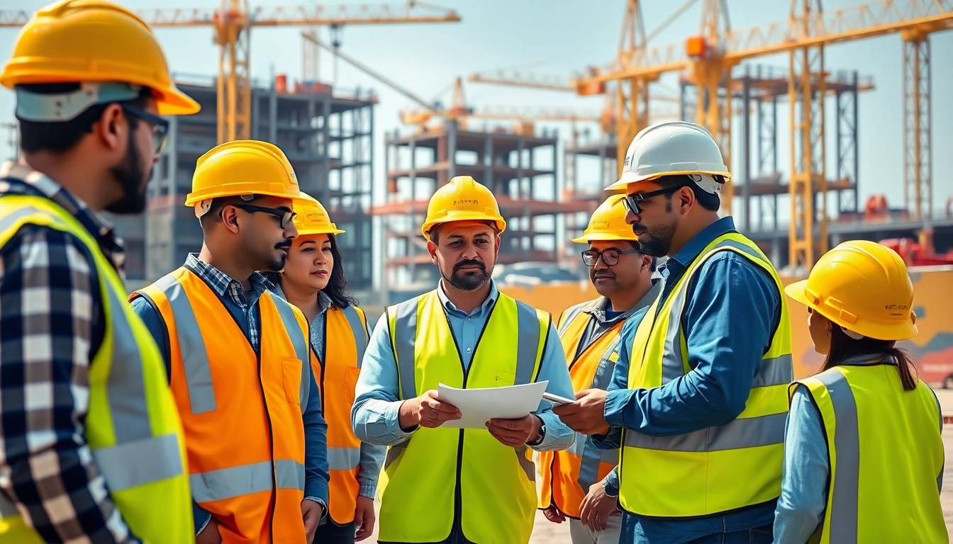 Workers in construction safety programs demonstrating teamwork on a busy site.