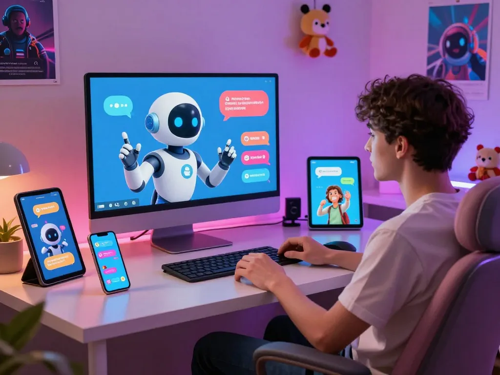 Interactive ai sex chat scene with a vibrant AI chatbot engaging users in a futuristic setting.
