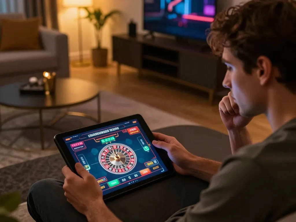 Engaging in a thrilling online roulette game with f168 on tablet at home, showcasing strategic gaming