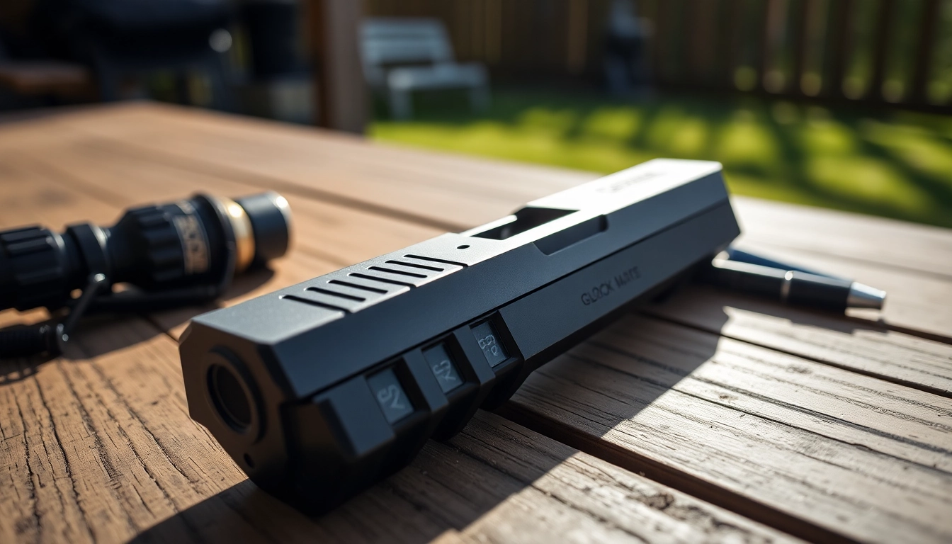 Showcasing Glock 19 slide MOS with high-detail and tactically arranged props for enhancement.