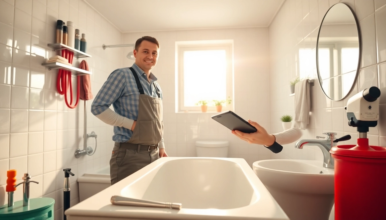 Find an expert plumber near me efficiently fixing pipes in a bright bathroom.