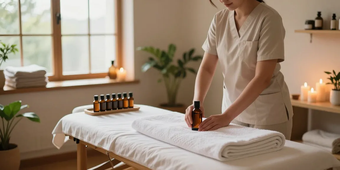 A tranquil Swedish massage environment with a therapist preparing essential oils and towels in a soothing, well-lit spa.