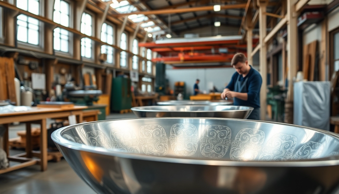 Crafting stainless steel basins in a busy factory with skilled artisans at work.
