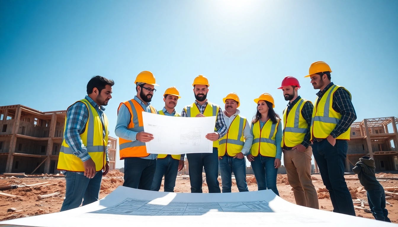 Construction workforce development illustrated by diverse workers engaging with blueprints on-site.