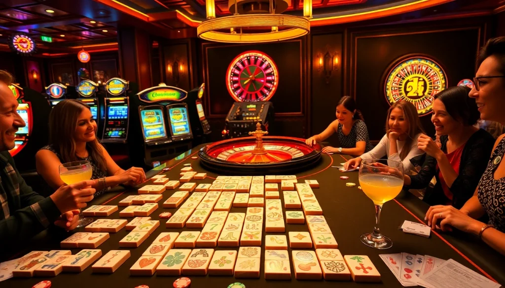 Adegan menarik para pemain yang menikmati link mahjong di meja kasino mewah dengan ubin mahjong.