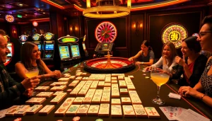 Adegan menarik para pemain yang menikmati link mahjong di meja kasino mewah dengan ubin mahjong.