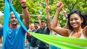 Individuals training with pull-up resistance bands outdoors, showcasing strength and community.