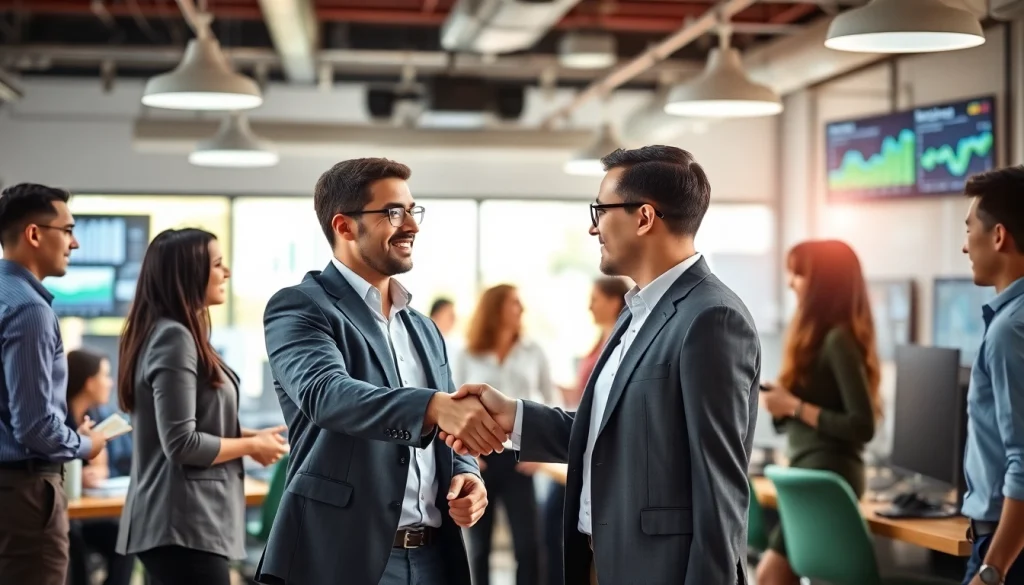 Engaging office scene showcasing top websites to find salespeople in action through recruiter-candidate interactions.