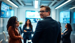 Crisis management consultant leading a strategic team meeting in a modern office environment.