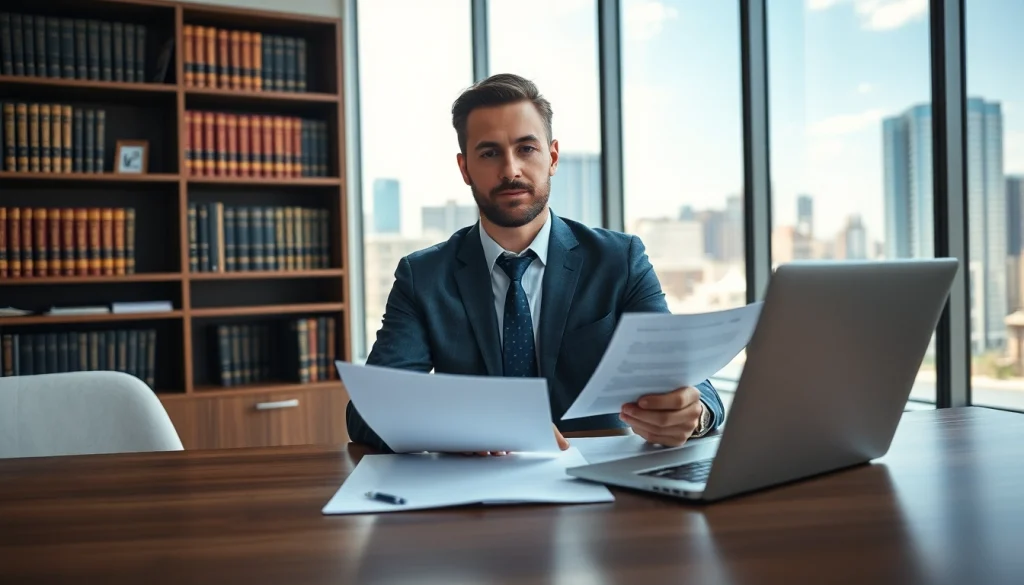 Intellectual property lawyer analyzing documents at a sleek desk in a professional office setting.