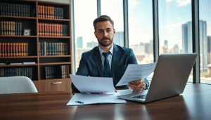 Intellectual property lawyer analyzing documents at a sleek desk in a professional office setting.