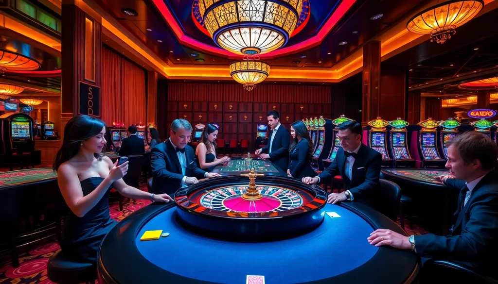 SODO Casino players engaging in thrilling games of poker and roulette amidst a vibrant atmosphere.