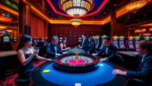 SODO Casino players engaging in thrilling games of poker and roulette amidst a vibrant atmosphere.