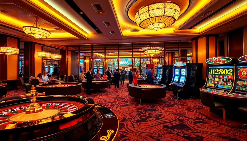 Experience excitement at U 888 Casino with vibrant gaming elements including roulette and poker tables.