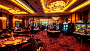 Experience excitement at U 888 Casino with vibrant gaming elements including roulette and poker tables.
