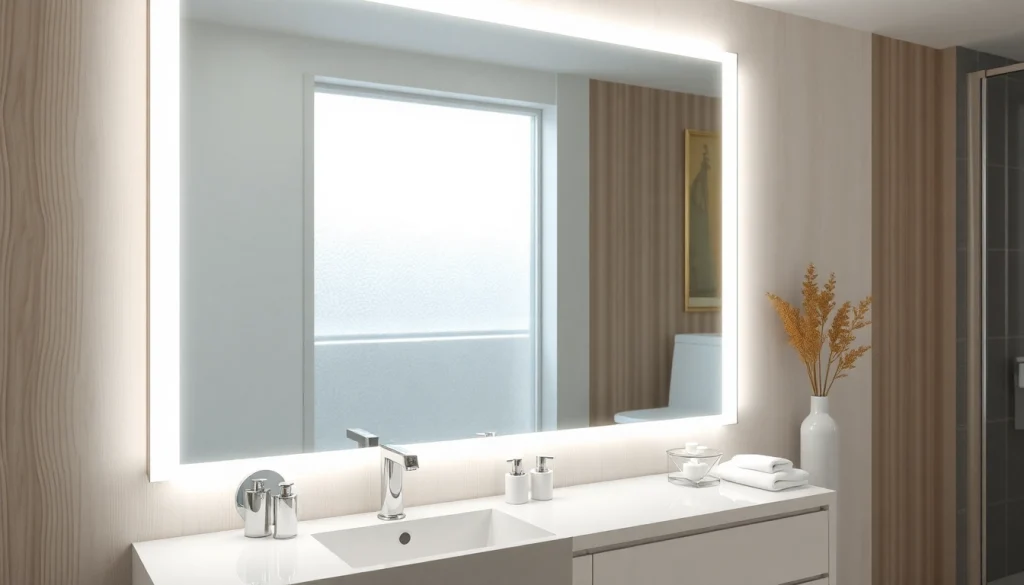 Elegant mirror with lights reflecting a modern bathroom setup, enhancing natural illumination.