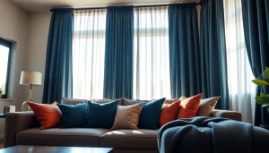 Bekijk verduisterende gordijnen in een stijlvolle woonkamer met moderne inrichting.