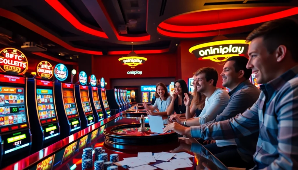 Onicplay branding showcased in an exciting casino scene with players enjoying slot machines.