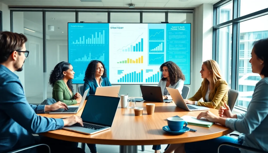 Analyze growth strategy trends in a professional business meeting with diverse leaders.