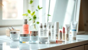 Kosmetika priemonės, gražiai išdėstytos ant stilingo vanity stalo, apšviestos natūralia šviesa.