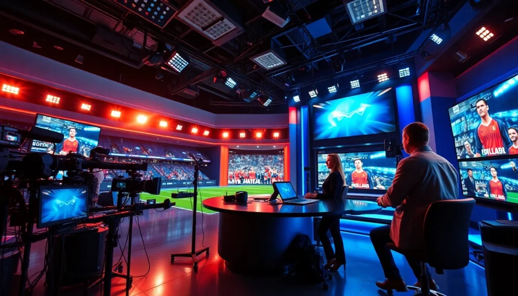 Engaging moment in sports broadcasting featuring anchors and advanced equipment.