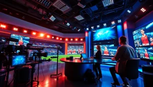 Engaging moment in sports broadcasting featuring anchors and advanced equipment.