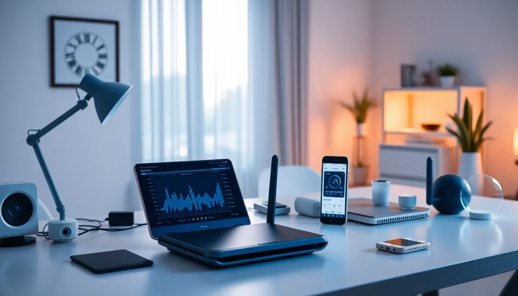 Router AX88 Code được trưng bày trong một văn phòng tại nhà hiện đại, minh họa kết nối kỹ thuật số.