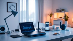 Router AX88 Code được trưng bày trong một văn phòng tại nhà hiện đại, minh họa kết nối kỹ thuật số.