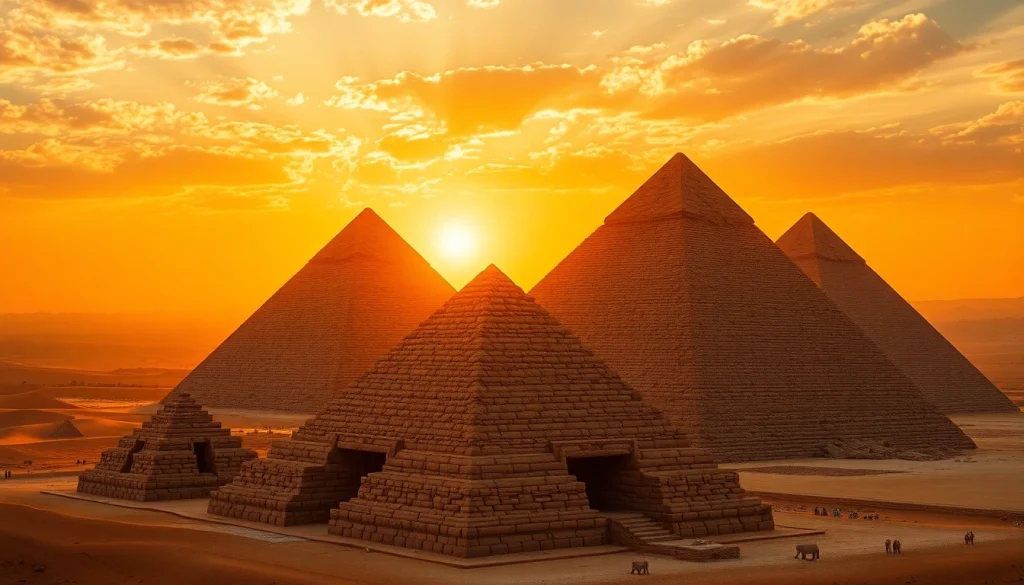 View of the majestic piraminds of Giza against a dramatic sunset.