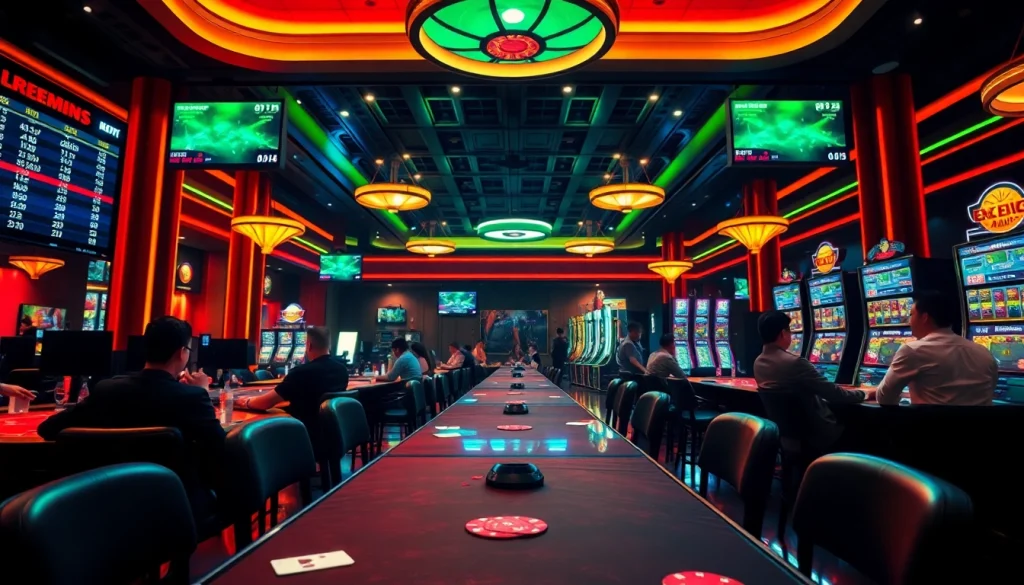 Dynamic online casino scene illustrating the excitement of ev88win.live with players, vibrant colors, and gaming elements.