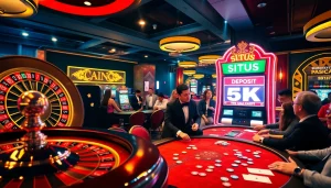 Players enjoying games at a casino with a focus on situs deposit 5k slot machines and roulette tables.
