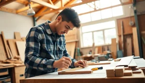 Carpentry Apprenticeship Near Me features a young apprentice working skillfully in a bright workshop.
