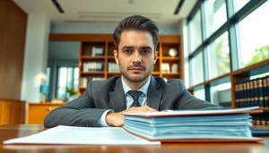 Miami-Dade County litigation Lawyer confidently discussing legal strategies in a professional office setting.