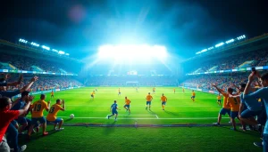 مشهد مثير لمباراة كرة قدم مباشرة يبرز بث koora tv، أجواء استاد حيوية ومشجعون يهتفون.